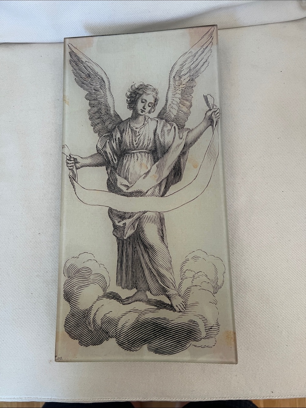 Vintage 1990’s John Derian hand decoupaged glass tray  "Angel with a Banderole"